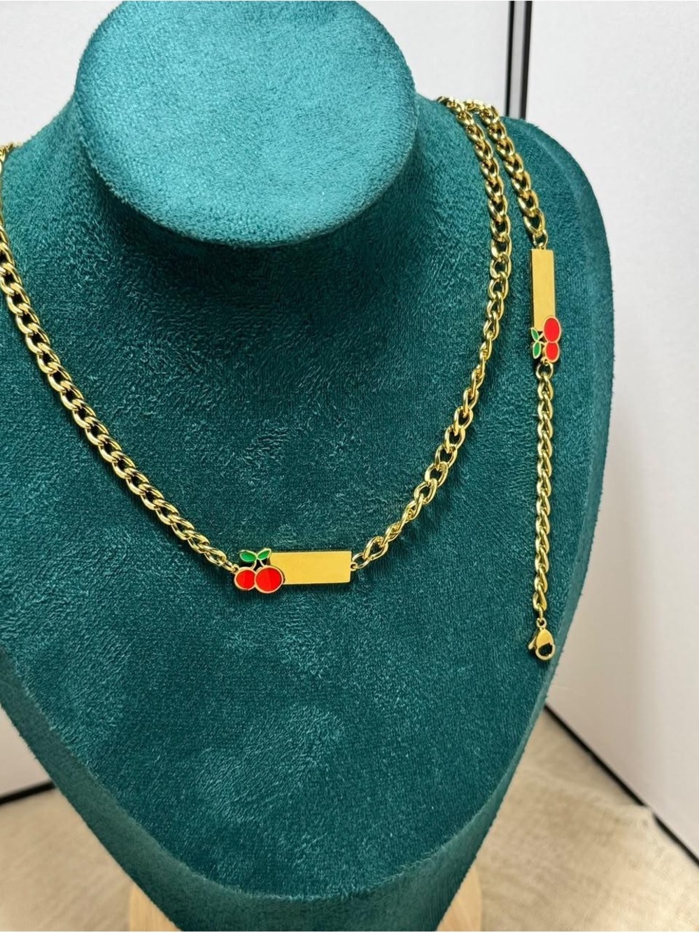 18K stainless steel Gold-Tone Kids Cherry Pendant Necklace — Red Cherry Accent